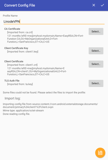 OpenVPN for Android profile imported