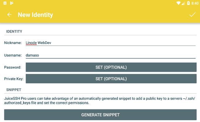 JuiceSSH Identity creation